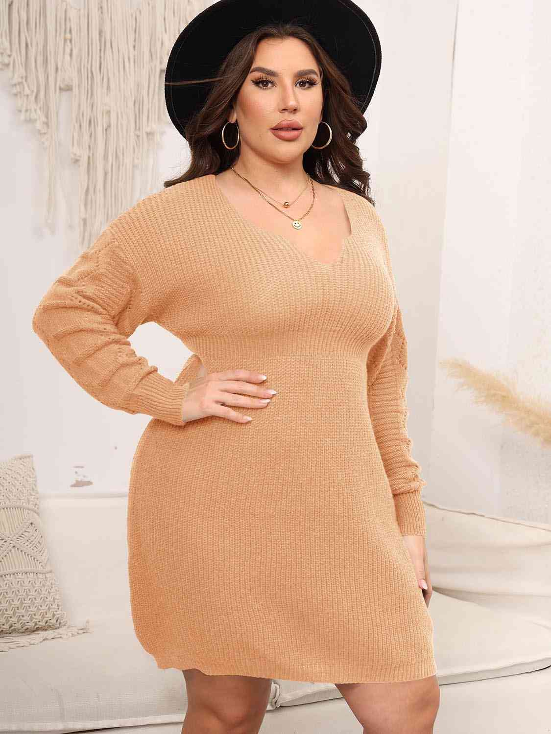 Plus Size Dropped Shoulder Long Sleeve Knit Mini Dress BLUE ZONE PLANET