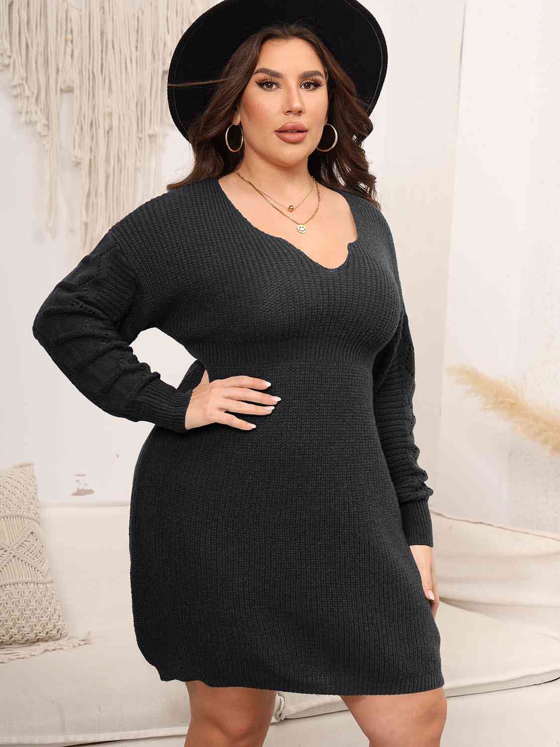 Plus Size Dropped Shoulder Long Sleeve Knit Mini Dress BLUE ZONE PLANET