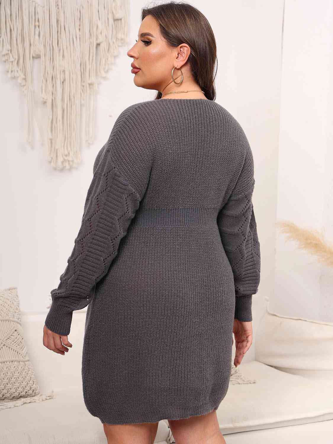 Plus Size Dropped Shoulder Long Sleeve Knit Mini Dress BLUE ZONE PLANET