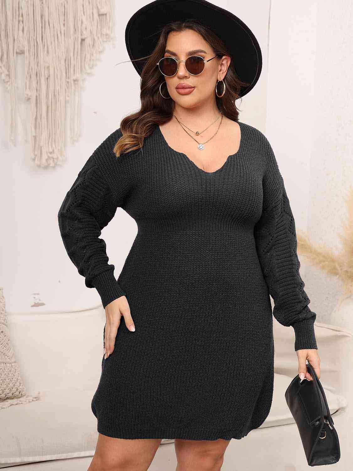 Plus Size Dropped Shoulder Long Sleeve Knit Mini Dress BLUE ZONE PLANET