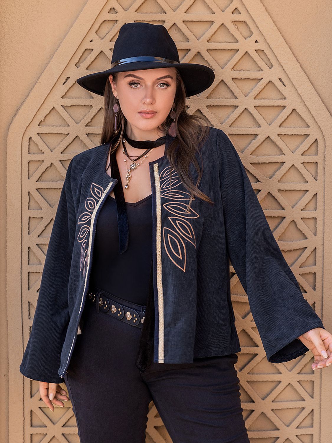 Plus Size Embroidered Open Front Jacket BLUE ZONE PLANET