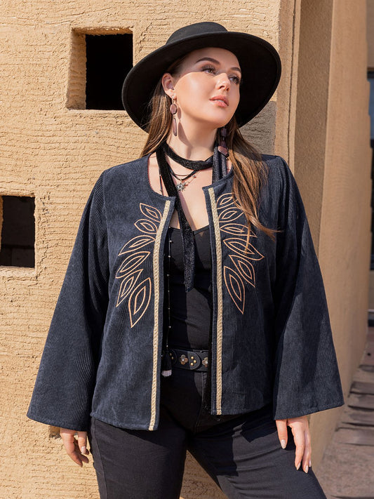 Plus Size Embroidered Open Front Jacket BLUE ZONE PLANET