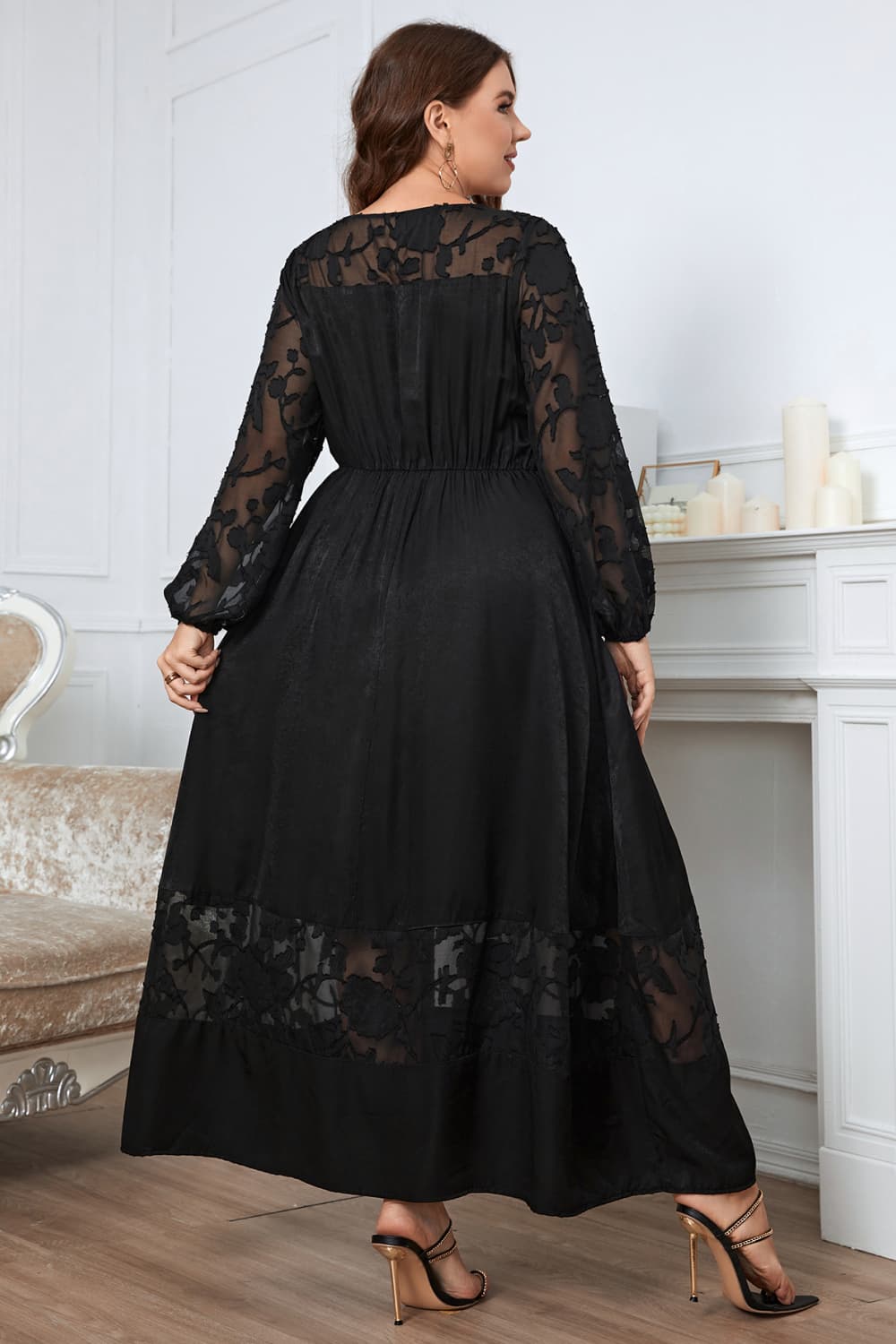 Plus Size Embroidery Round Neck Long Sleeve Maxi Dress BLUE ZONE PLANET