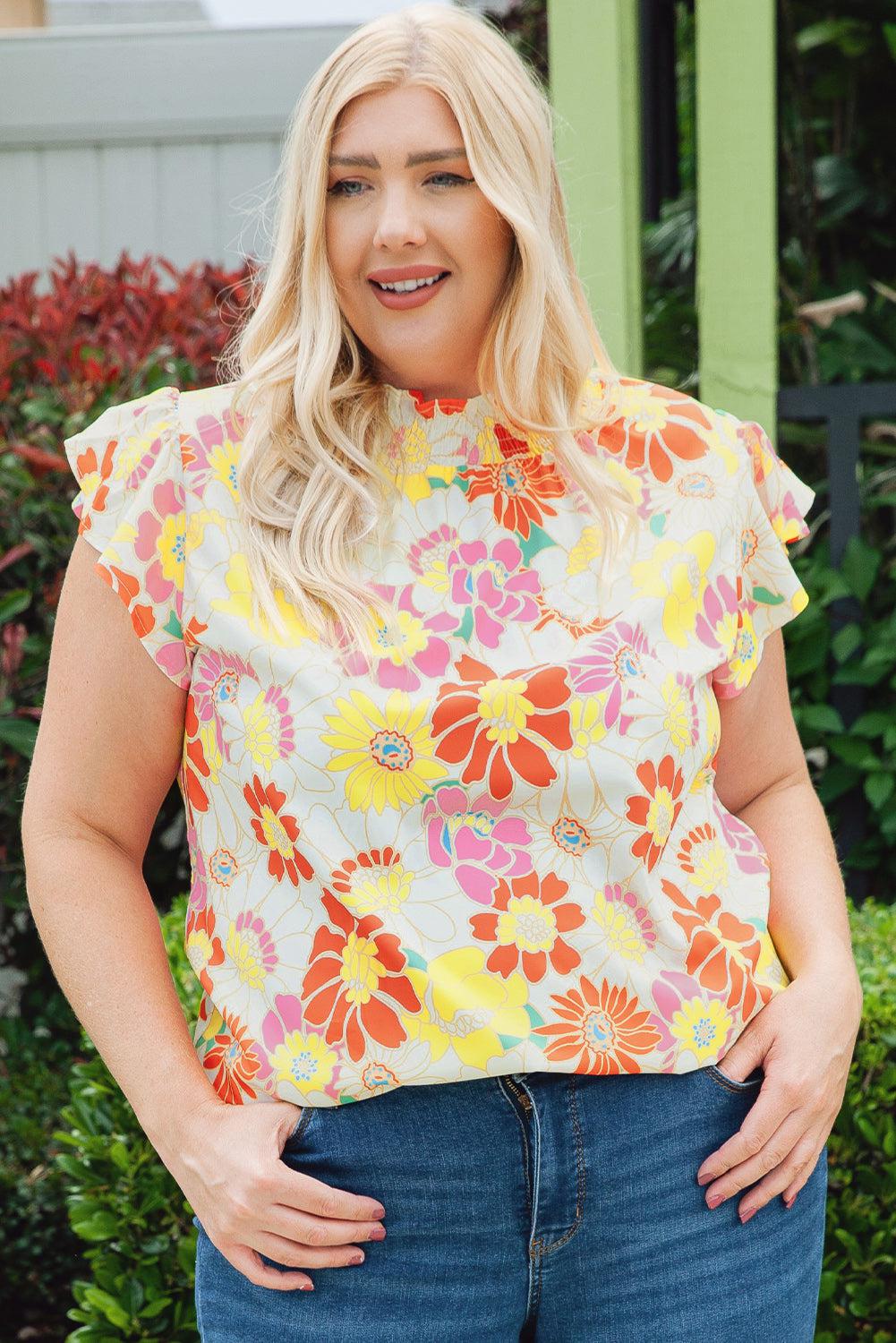 Plus Size Floral Butterfly Sleeve Blouse BLUE ZONE PLANET