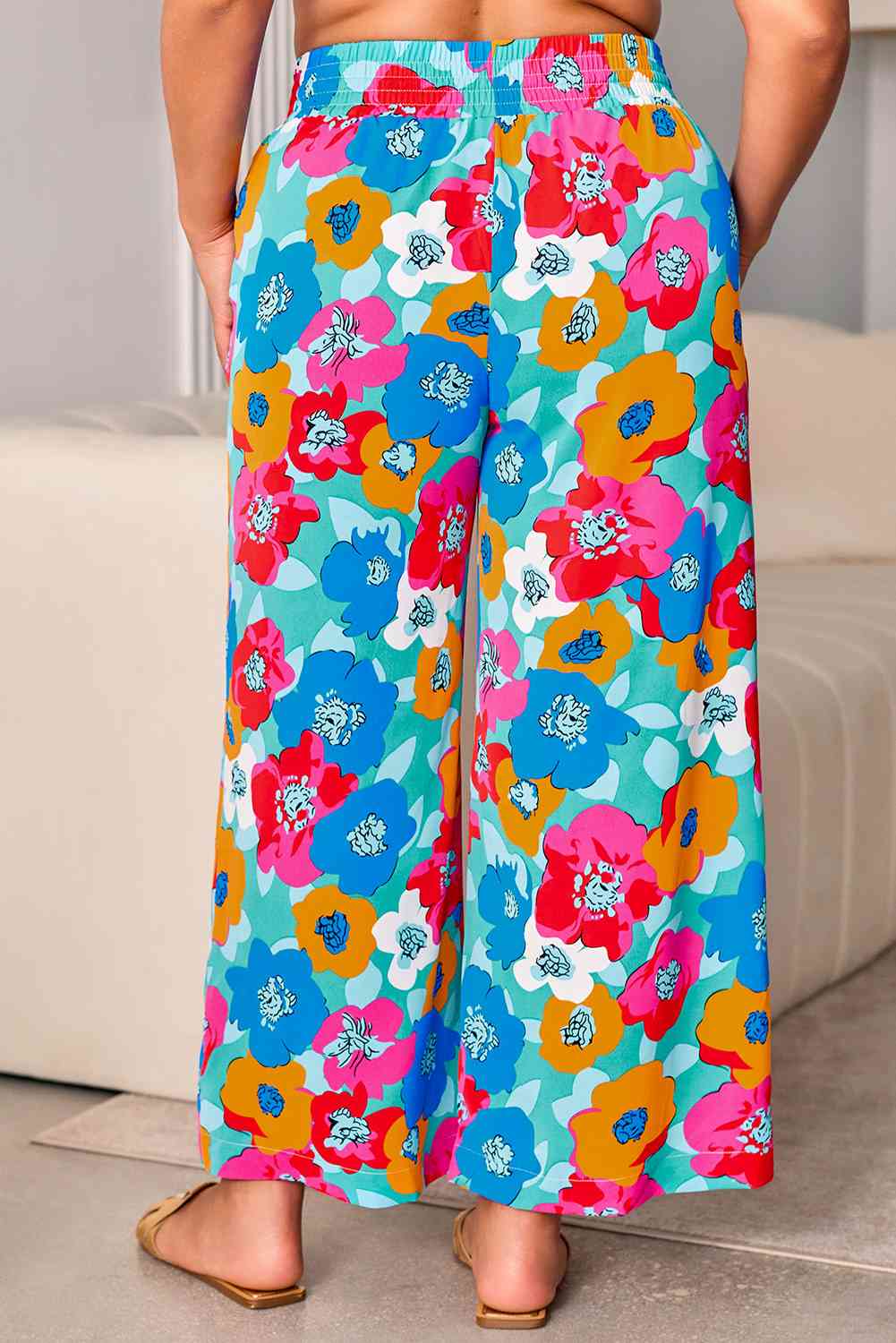 Plus Size Floral Drawstring Wide Leg Pants with Pockets BLUE ZONE PLANET