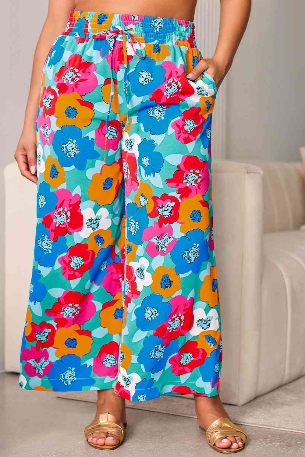 Plus Size Floral Drawstring Wide Leg Pants with Pockets BLUE ZONE PLANET