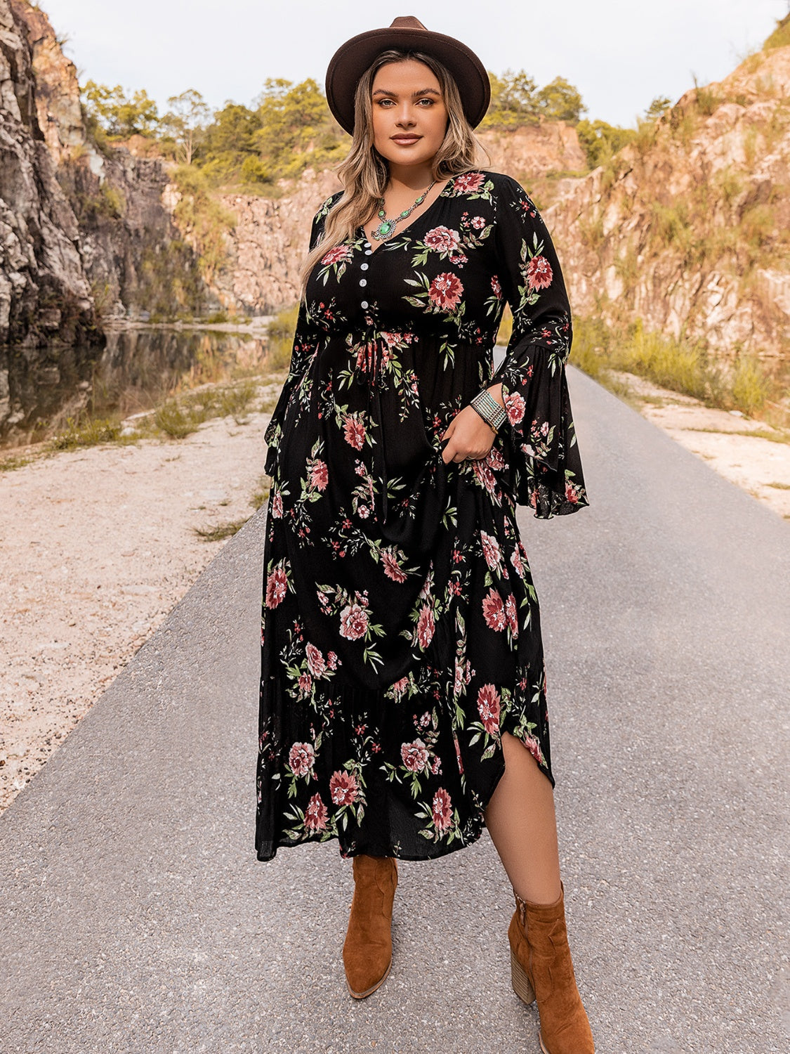 Plus Size Floral Flare Sleeve Dress BLUE ZONE PLANET