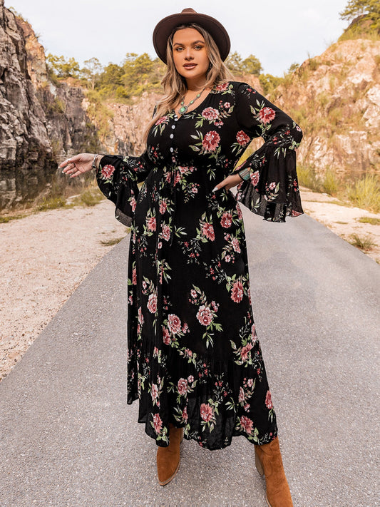 Plus Size Floral Flare Sleeve Dress BLUE ZONE PLANET