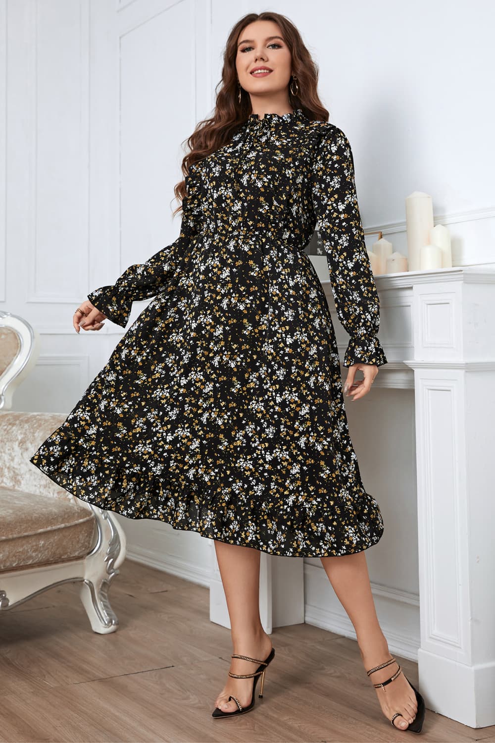 Plus Size Floral Flounce Sleeve Midi Dress BLUE ZONE PLANET