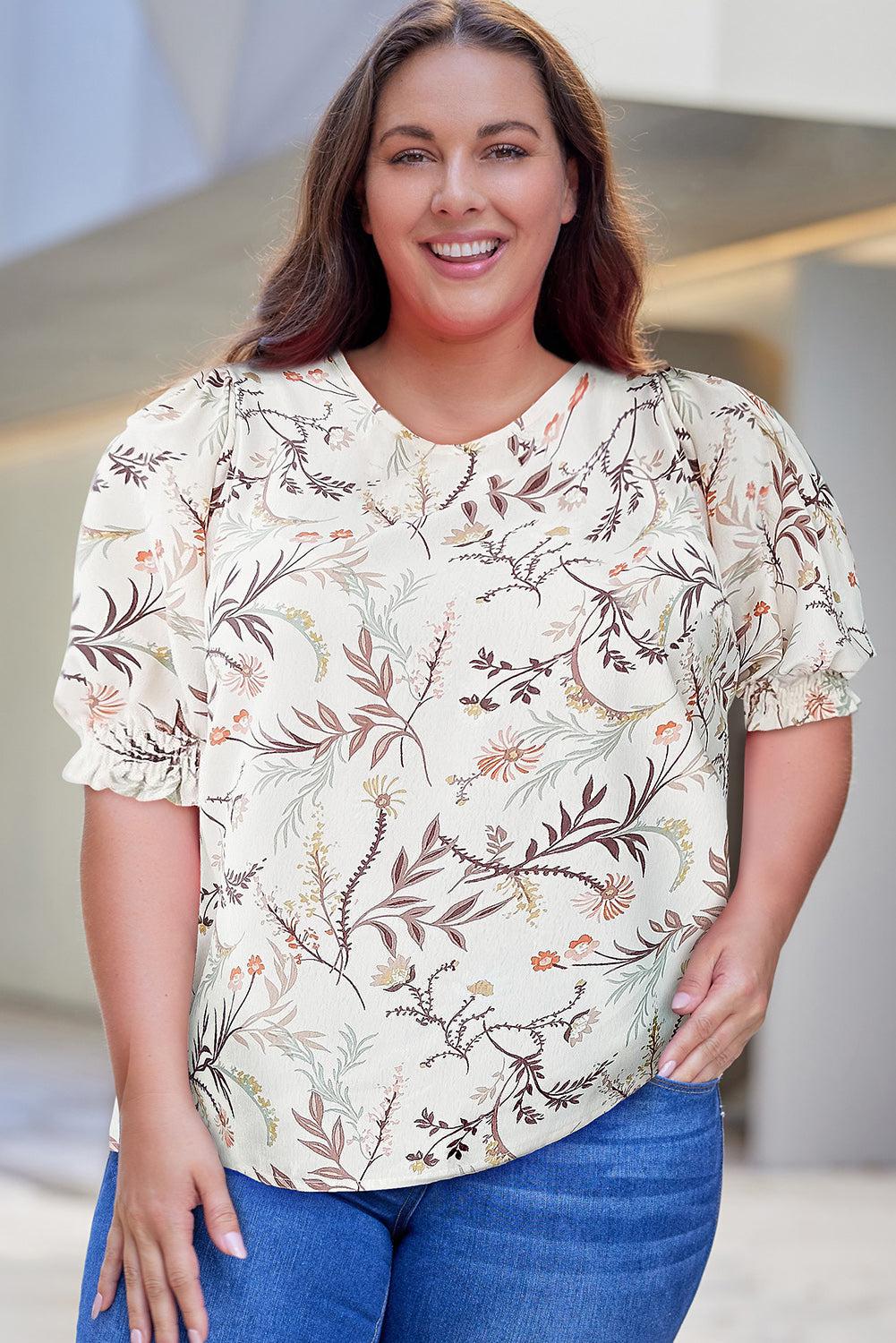 Plus Size Floral Fuff Sleeve Top BLUE ZONE PLANET