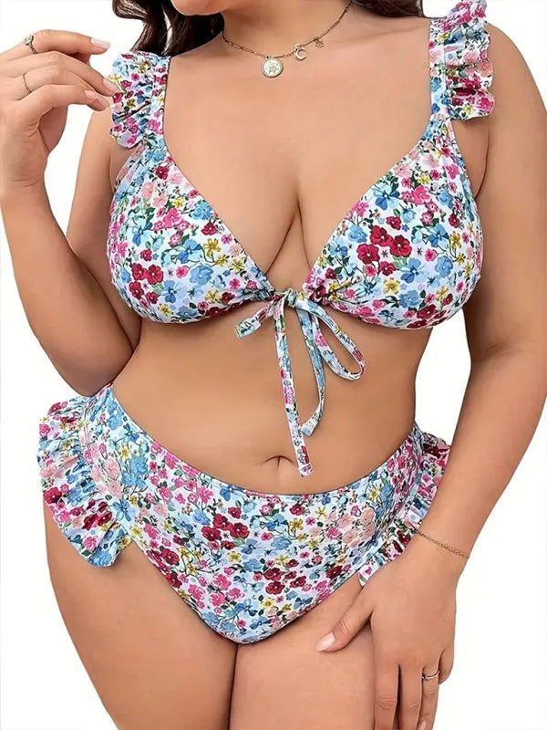 Plus Size Floral Lace Split Swimsuit BLUE ZONE PLANET