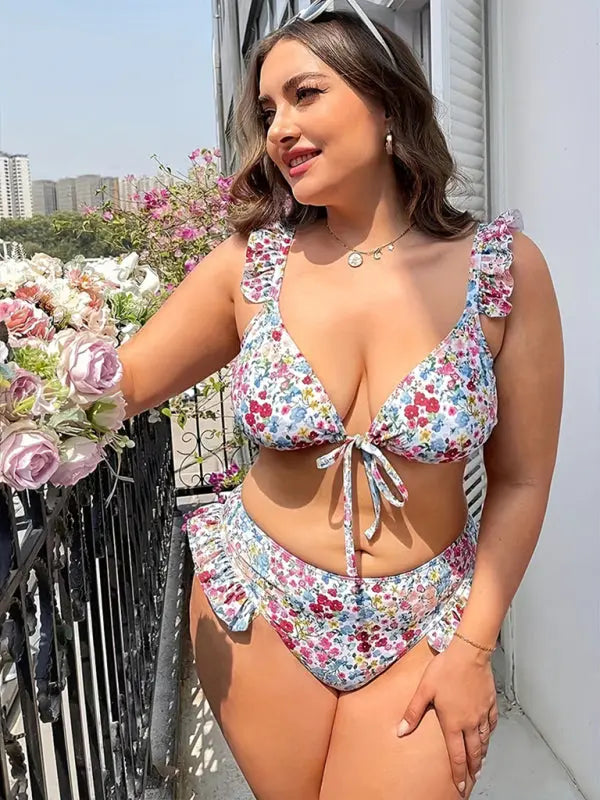 Plus Size Floral Lace Split Swimsuit BLUE ZONE PLANET