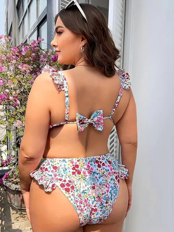 Plus Size Floral Lace Split Swimsuit BLUE ZONE PLANET