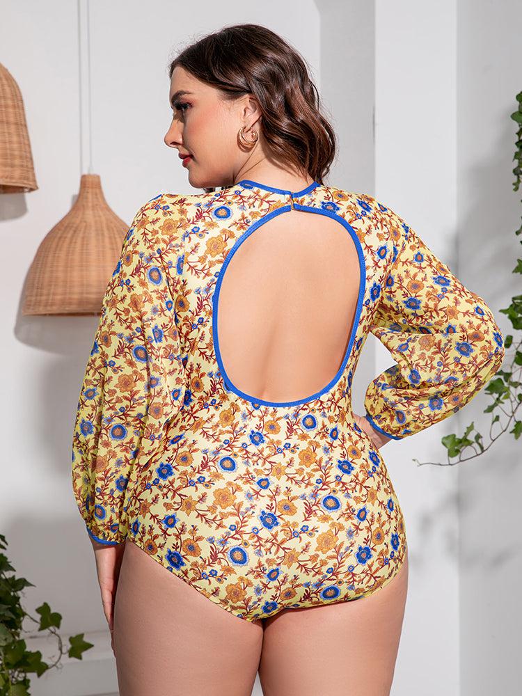 Plus Size Floral Open Back Long Sleeve One-Piece Swimsuit BLUE ZONE PLANET