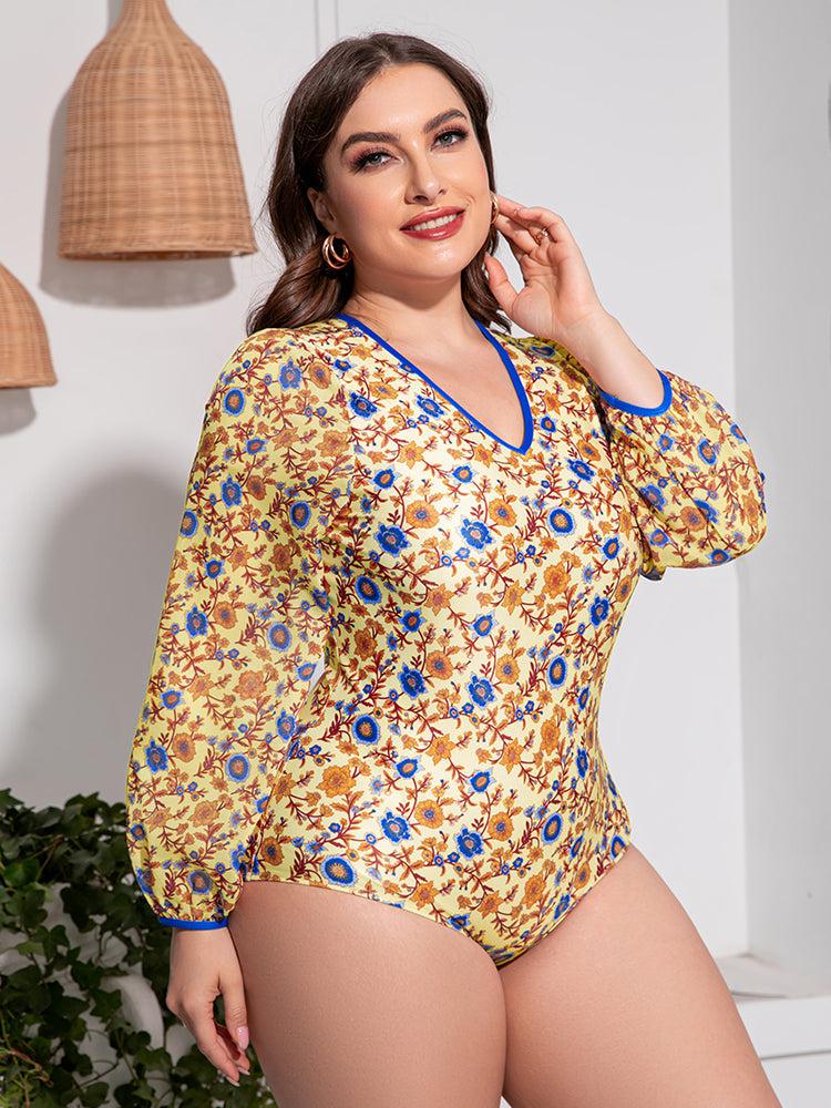 Plus Size Floral Open Back Long Sleeve One-Piece Swimsuit BLUE ZONE PLANET