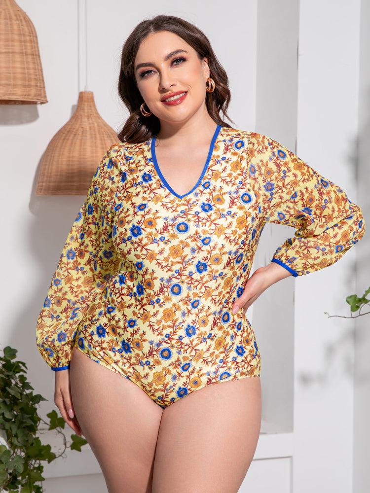 Plus Size Floral Open Back Long Sleeve One-Piece Swimsuit BLUE ZONE PLANET