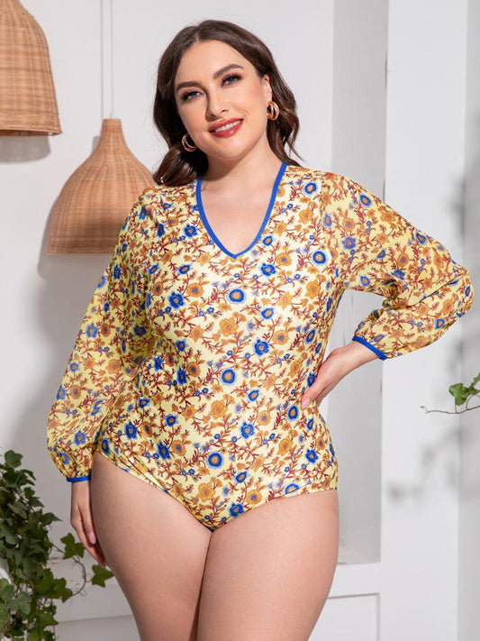 Plus Size Floral Open Back Long Sleeve One-Piece Swimsuit BLUE ZONE PLANET