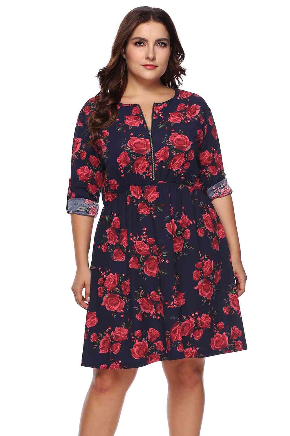 Plus Size Floral Print Half Zip Up Dress BLUE ZONE PLANET