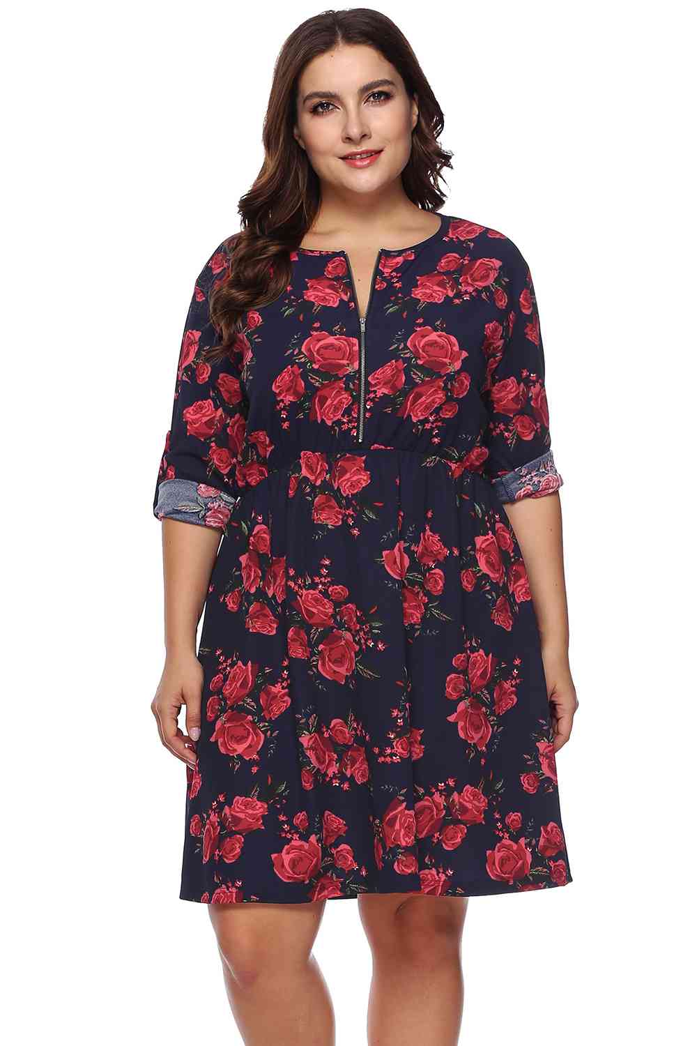 Plus Size Floral Print Half Zip Up Dress BLUE ZONE PLANET