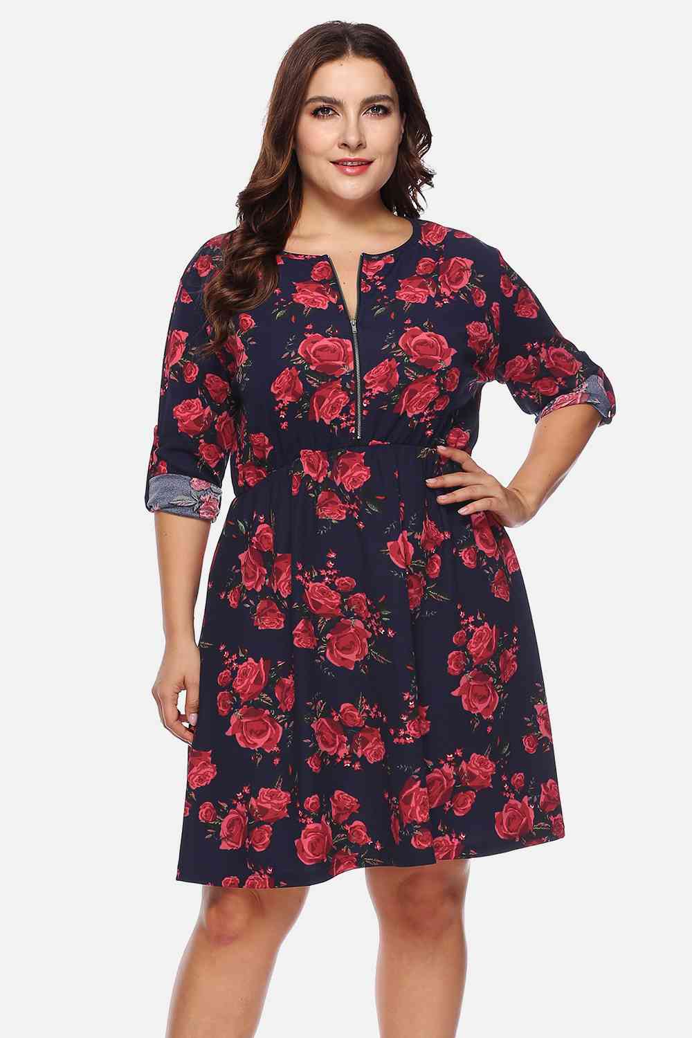 Plus Size Floral Print Half Zip Up Dress BLUE ZONE PLANET