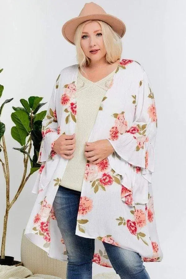 Plus Size Floral Print Ruffle Detailed Draped Longline Maxi Kimono Cardigan Blue Zone Planet