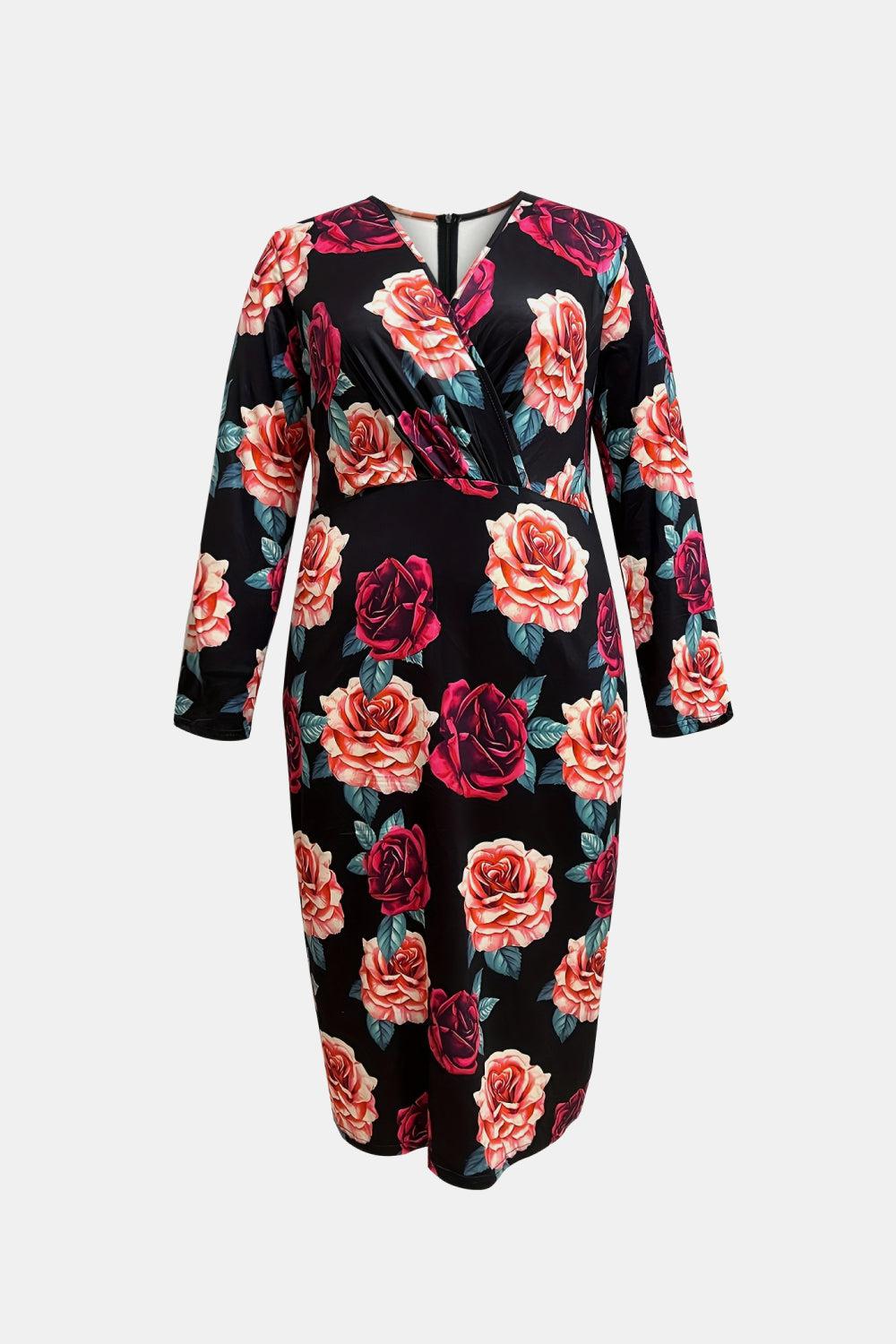Plus Size Floral Print Surplice Neck Long Sleeve Dress-TOPS / DRESSES-[Adult]-[Female]-2022 Online Blue Zone Planet
