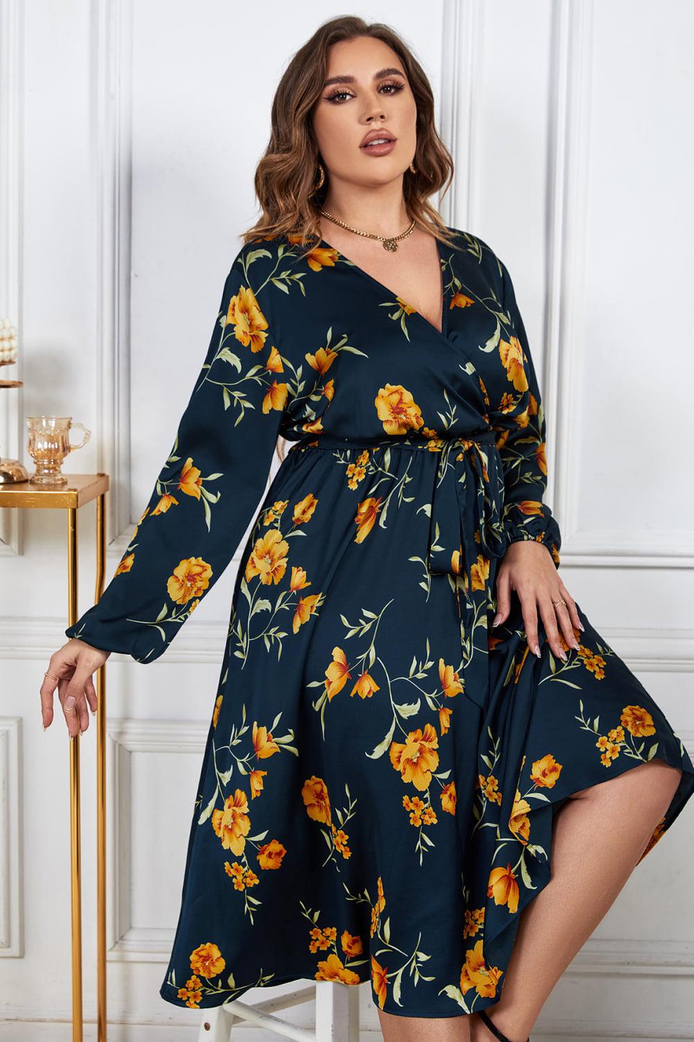 Blue Plus Size Floral Print Wrap Midi Dress