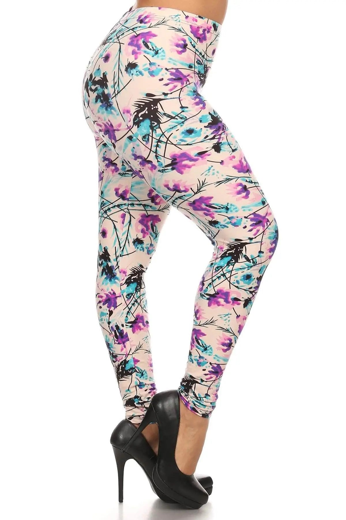 Plus Size Floral Print, Full Length Leggings In A Slim Fitting Style With A Banded High Waist Blue Zone Planet