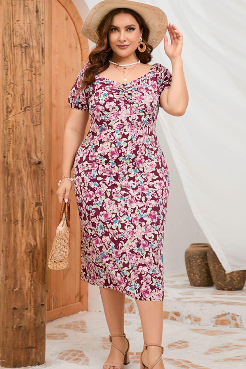 Plus Size Floral Ruched Slit Midi Dress-TOPS / DRESSES-[Adult]-[Female]-2022 Online Blue Zone Planet