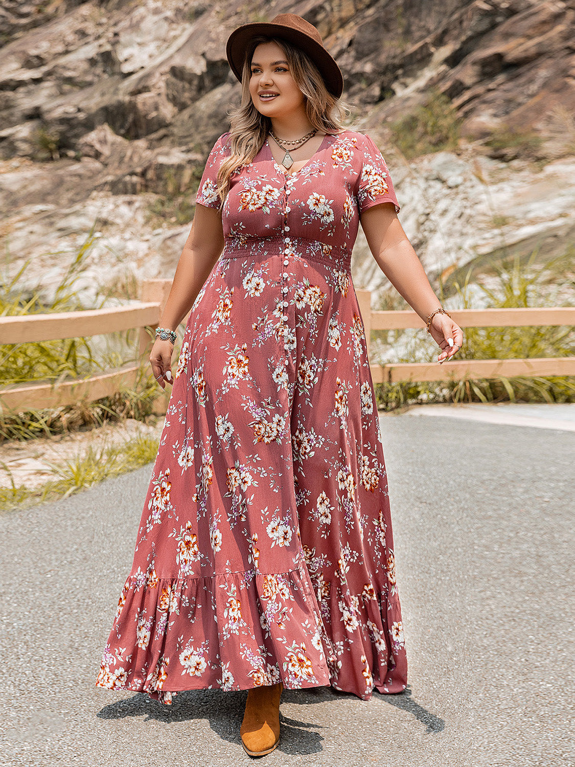 Plus Size Floral Slit Ruffle Hem Dress BLUE ZONE PLANET