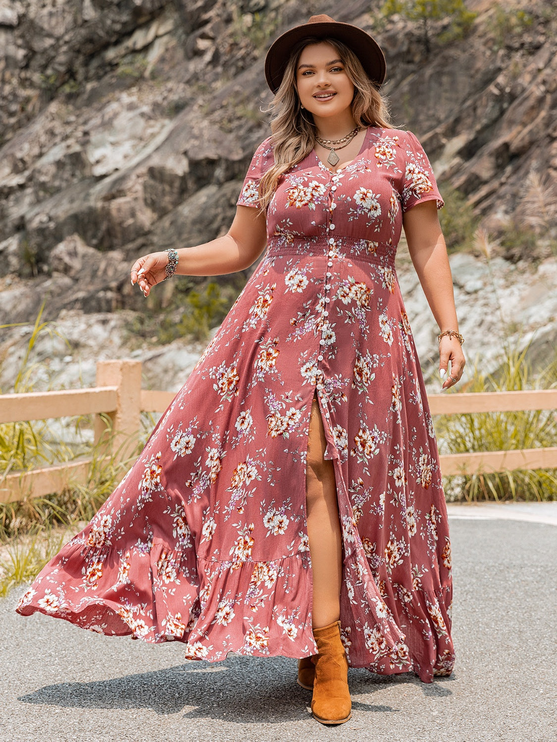 Plus Size Floral Slit Ruffle Hem Dress BLUE ZONE PLANET