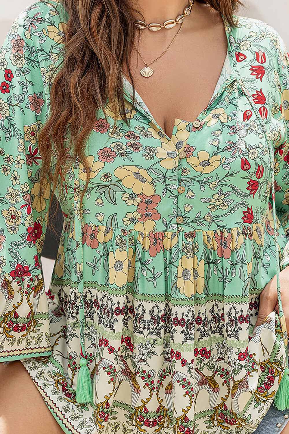 Plus Size Floral Tassel Tie Blouse BLUE ZONE PLANET