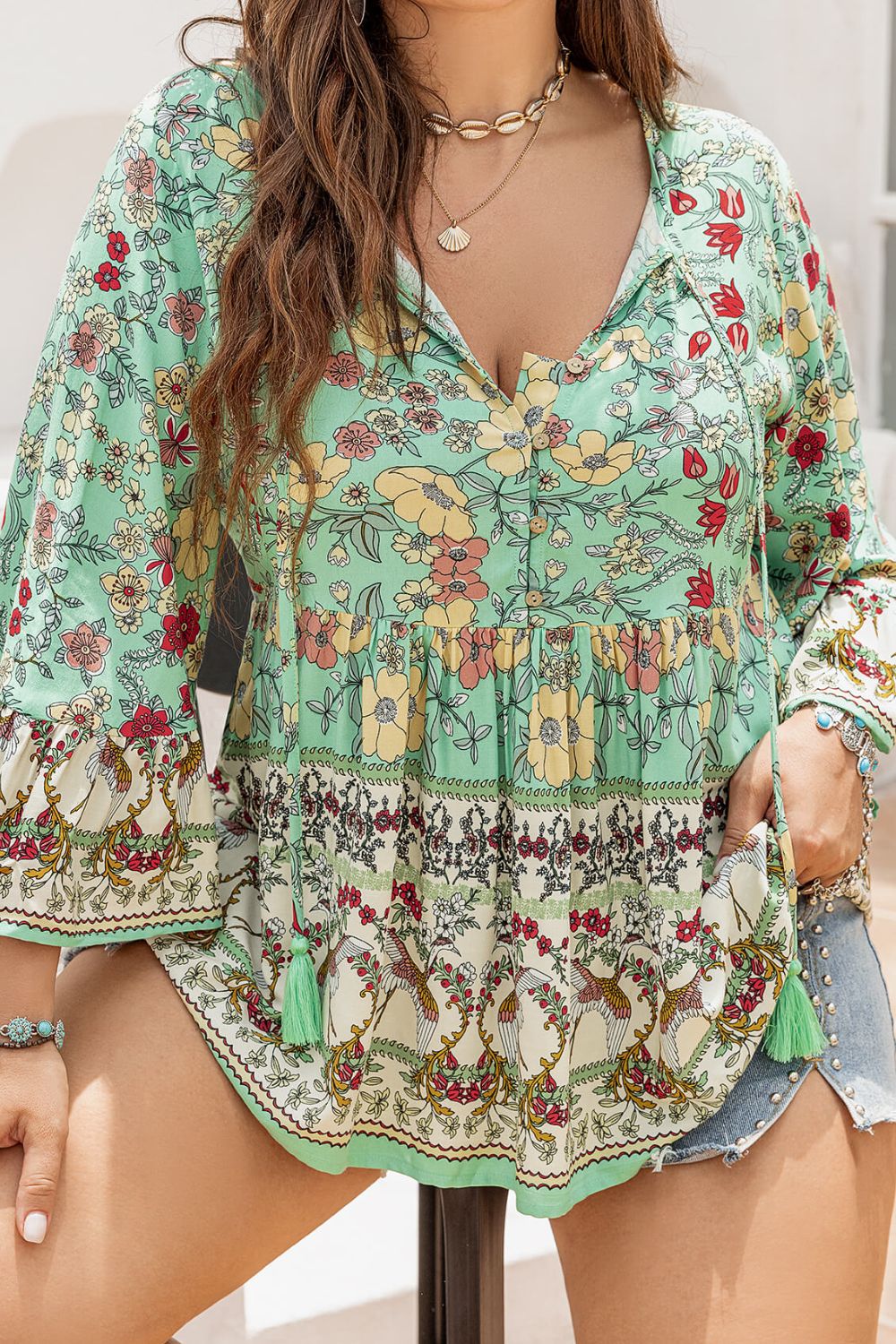 Plus Size Floral Tassel Tie Blouse BLUE ZONE PLANET