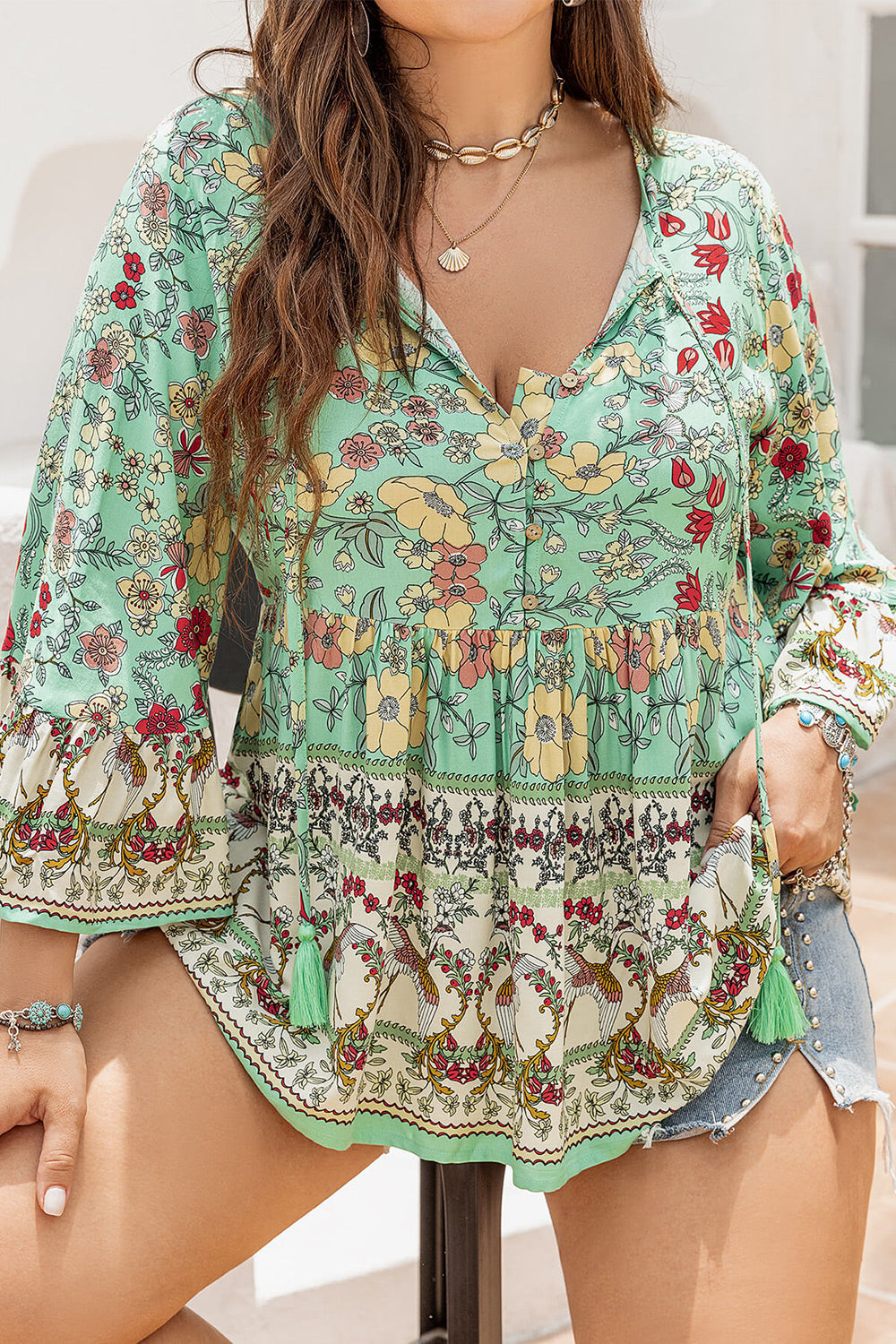 Plus Size Floral Tassel Tie Blouse BLUE ZONE PLANET