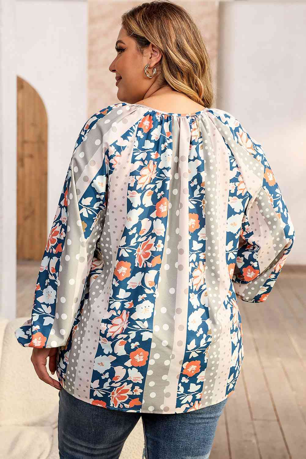 Plus Size Floral Tie Neck Blouse BLUE ZONE PLANET