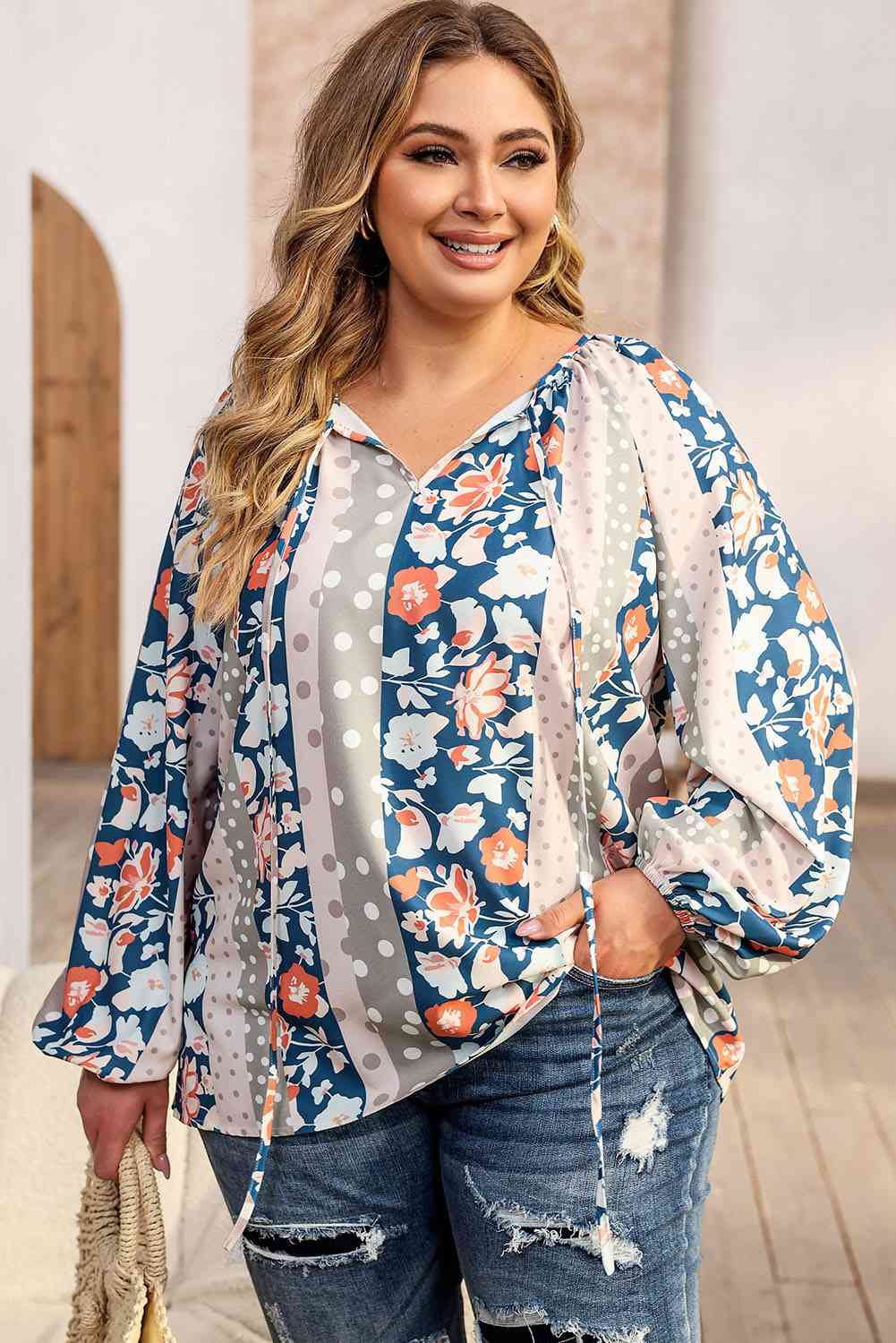 Plus Size Floral Tie Neck Blouse BLUE ZONE PLANET