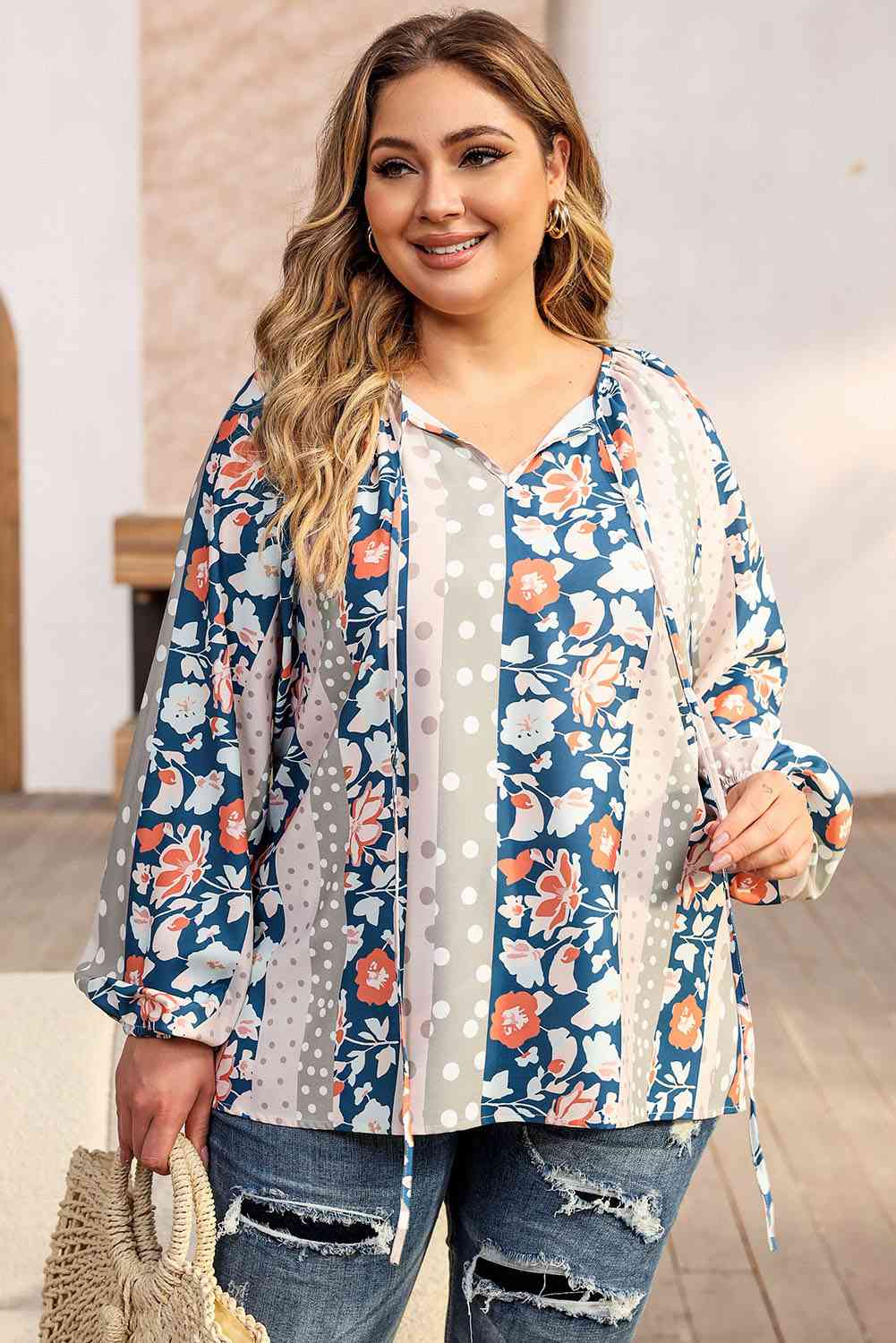 Plus Size Floral Tie Neck Blouse BLUE ZONE PLANET