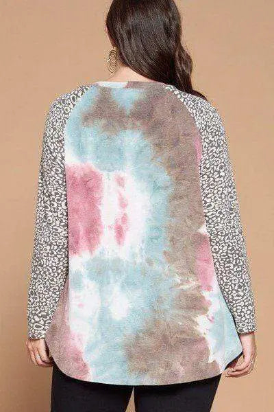 Plus Size French Terry Tie-Dye Casual Color Block Top Blue Zone Planet