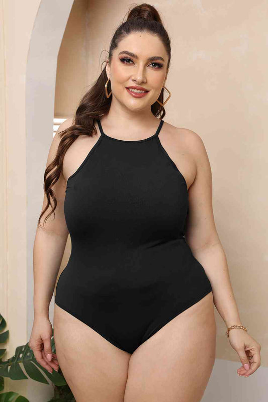 Plus Size Halter Neck Spaghetti Strap Bodysuit BLUE ZONE PLANET