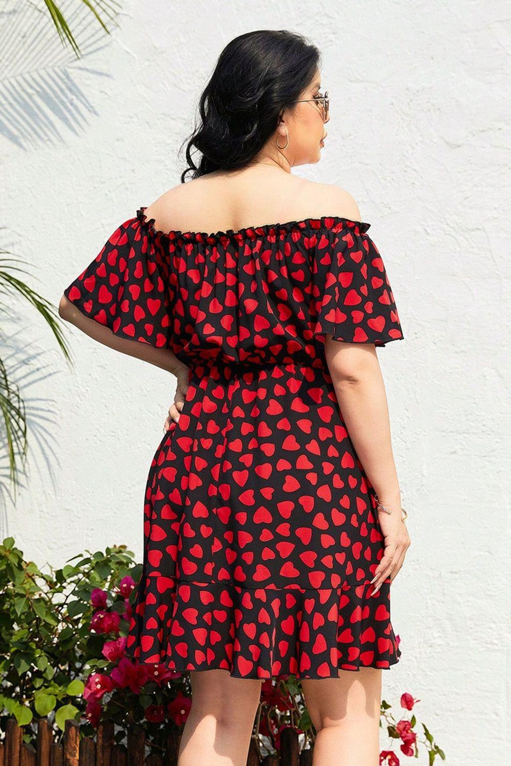 Plus Size Heart Print Off-Shoulder Tied Dress BLUE ZONE PLANET