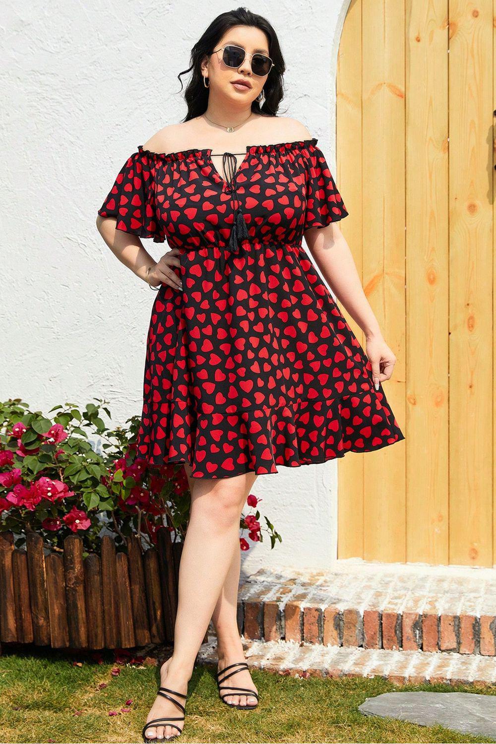 Plus Size Heart Print Off-Shoulder Tied Dress BLUE ZONE PLANET