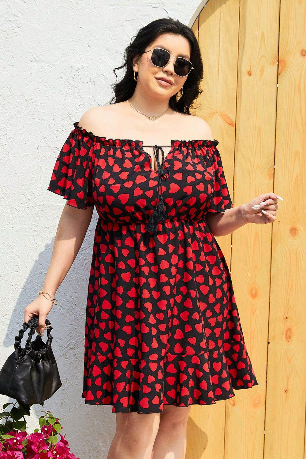 Plus Size Heart Print Off-Shoulder Tied Dress BLUE ZONE PLANET