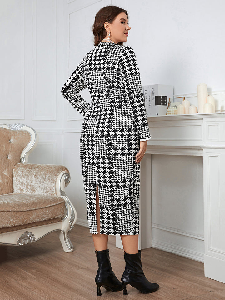 Plus Size Houndstooth Button-Down Long Sleeve Dress BLUE ZONE PLANET
