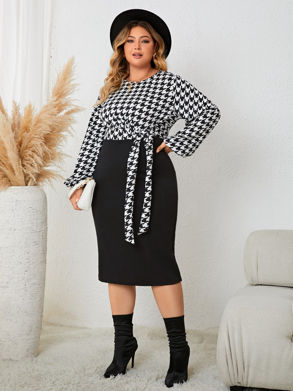 Plus Size Houndstooth Tied Long Sleeve Dress-TOPS / DRESSES-[Adult]-[Female]-2022 Online Blue Zone Planet