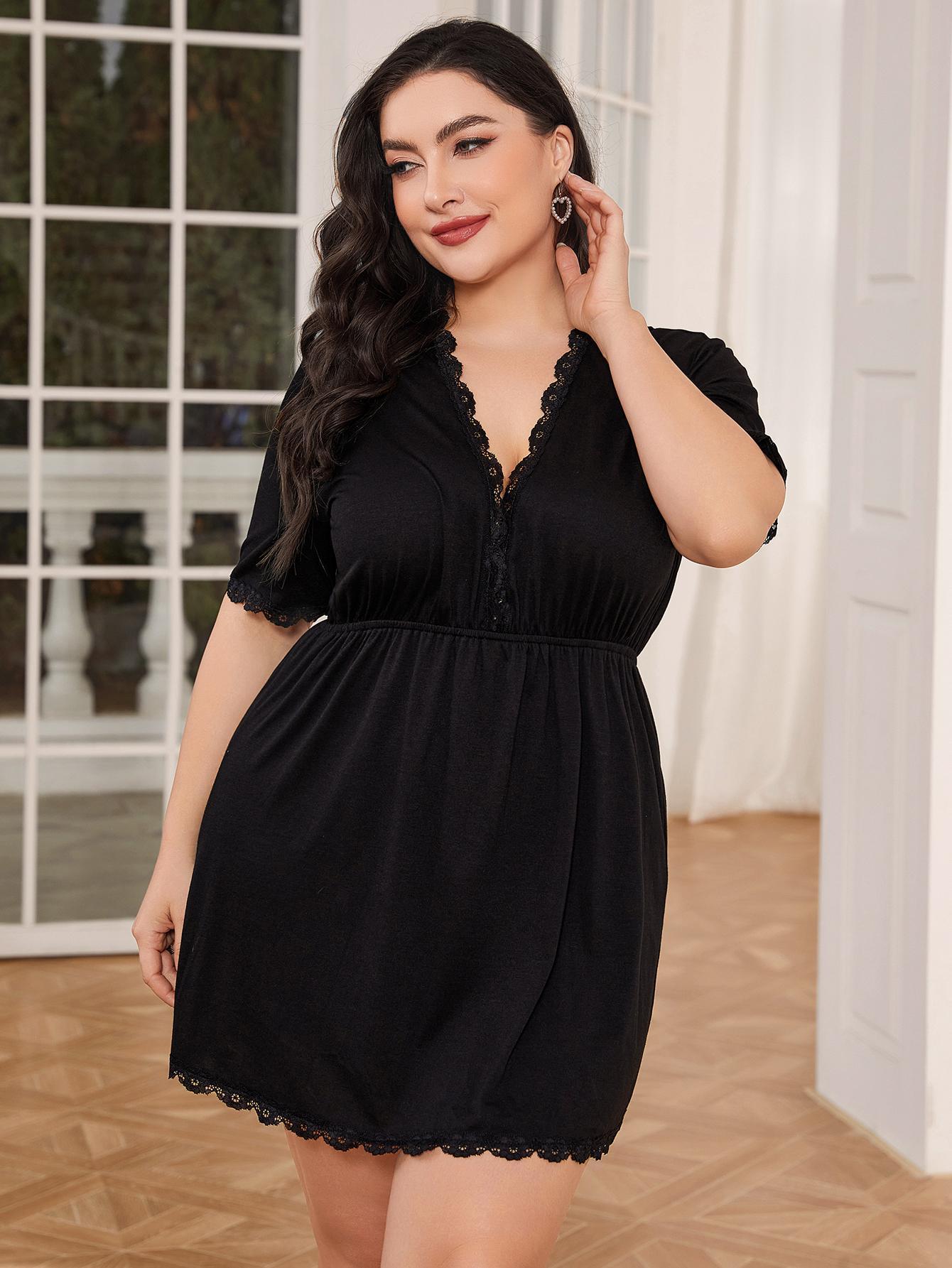 Plus Size Lace Trim Deep V Night Dress BLUE ZONE PLANET