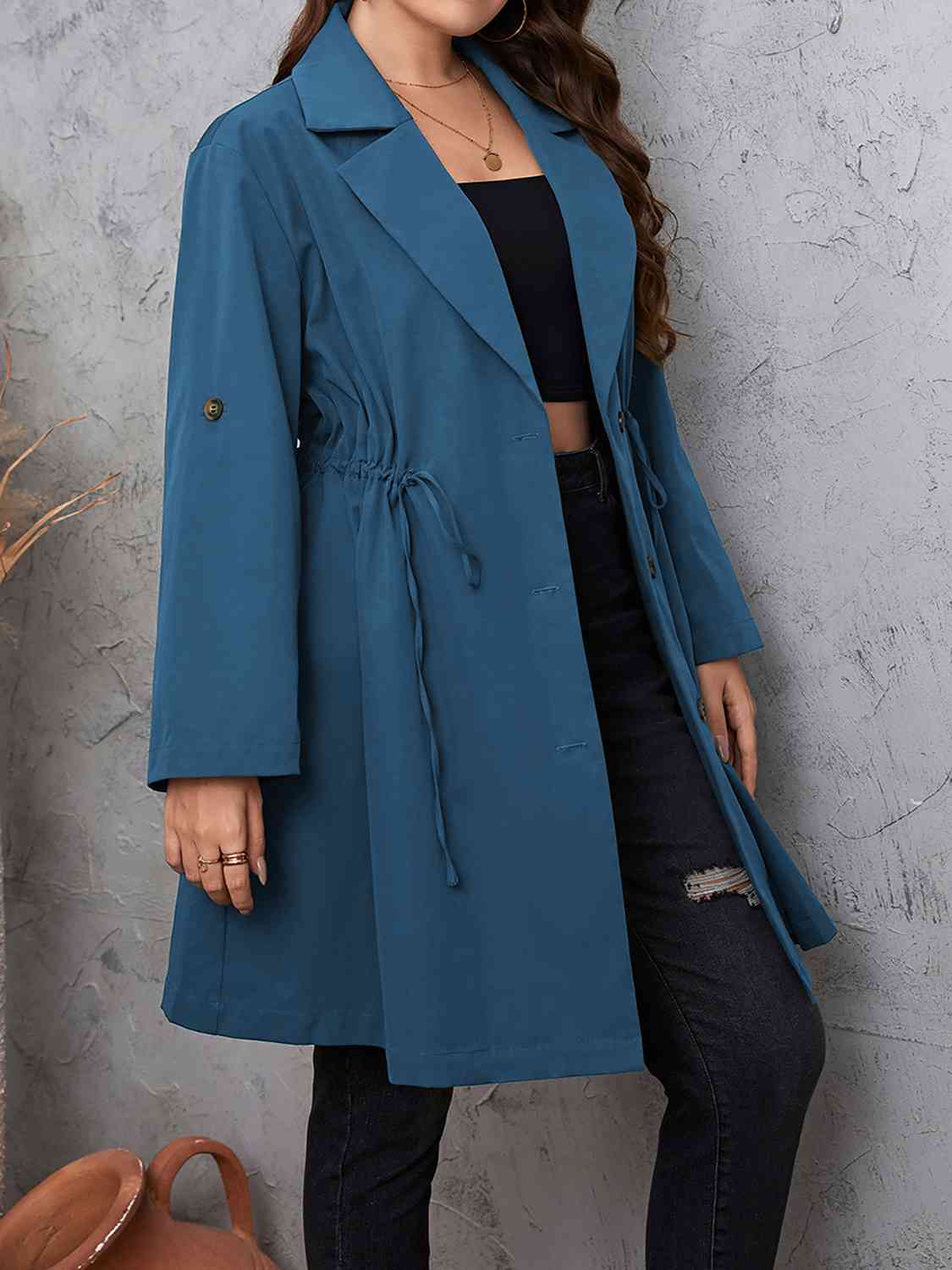 Plus Size Lapel Collar Drawstring Roll-Tab Sleeve Trench Coat BLUE ZONE PLANET