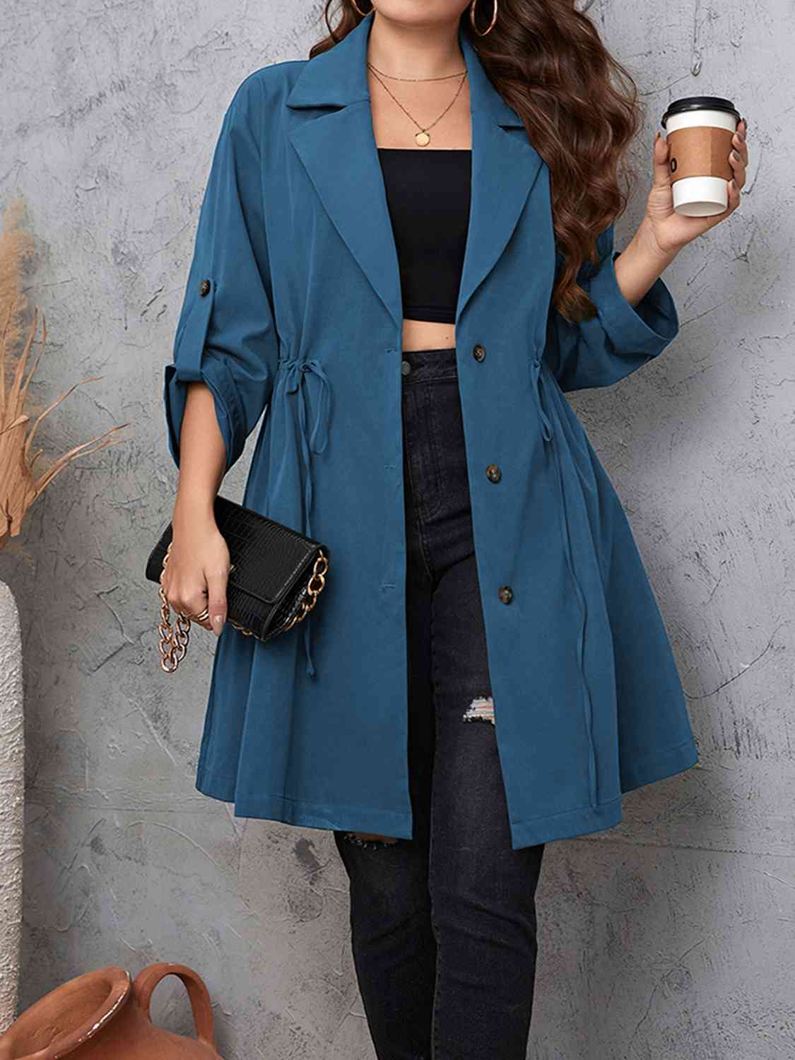 Plus Size Lapel Collar Drawstring Roll-Tab Sleeve Trench Coat BLUE ZONE PLANET