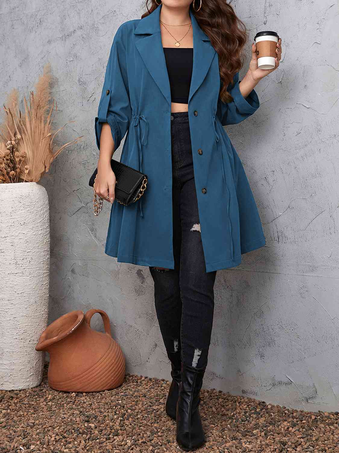 Plus Size Lapel Collar Drawstring Roll-Tab Sleeve Trench Coat BLUE ZONE PLANET