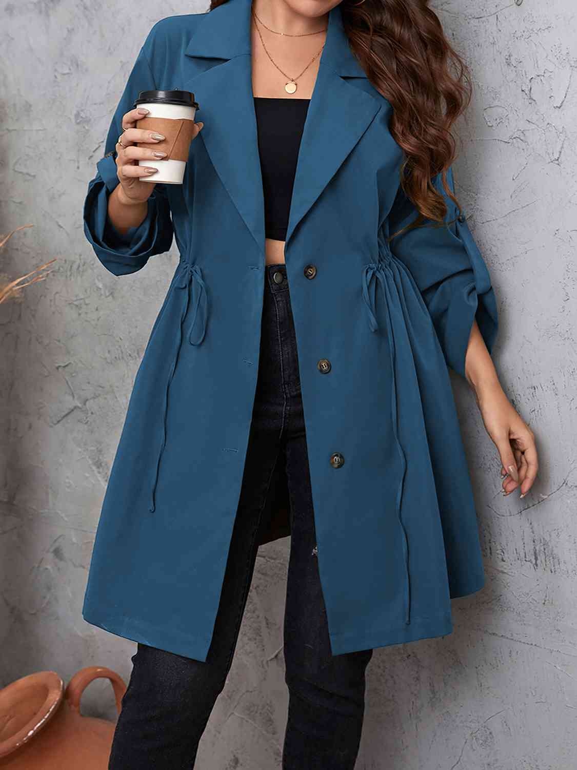 Plus Size Lapel Collar Drawstring Roll-Tab Sleeve Trench Coat BLUE ZONE PLANET