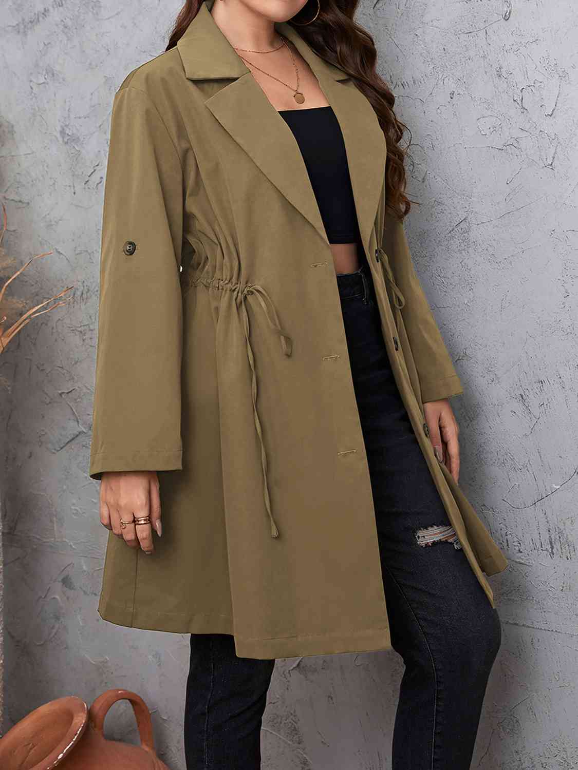 Plus Size Lapel Collar Drawstring Roll-Tab Sleeve Trench Coat BLUE ZONE PLANET